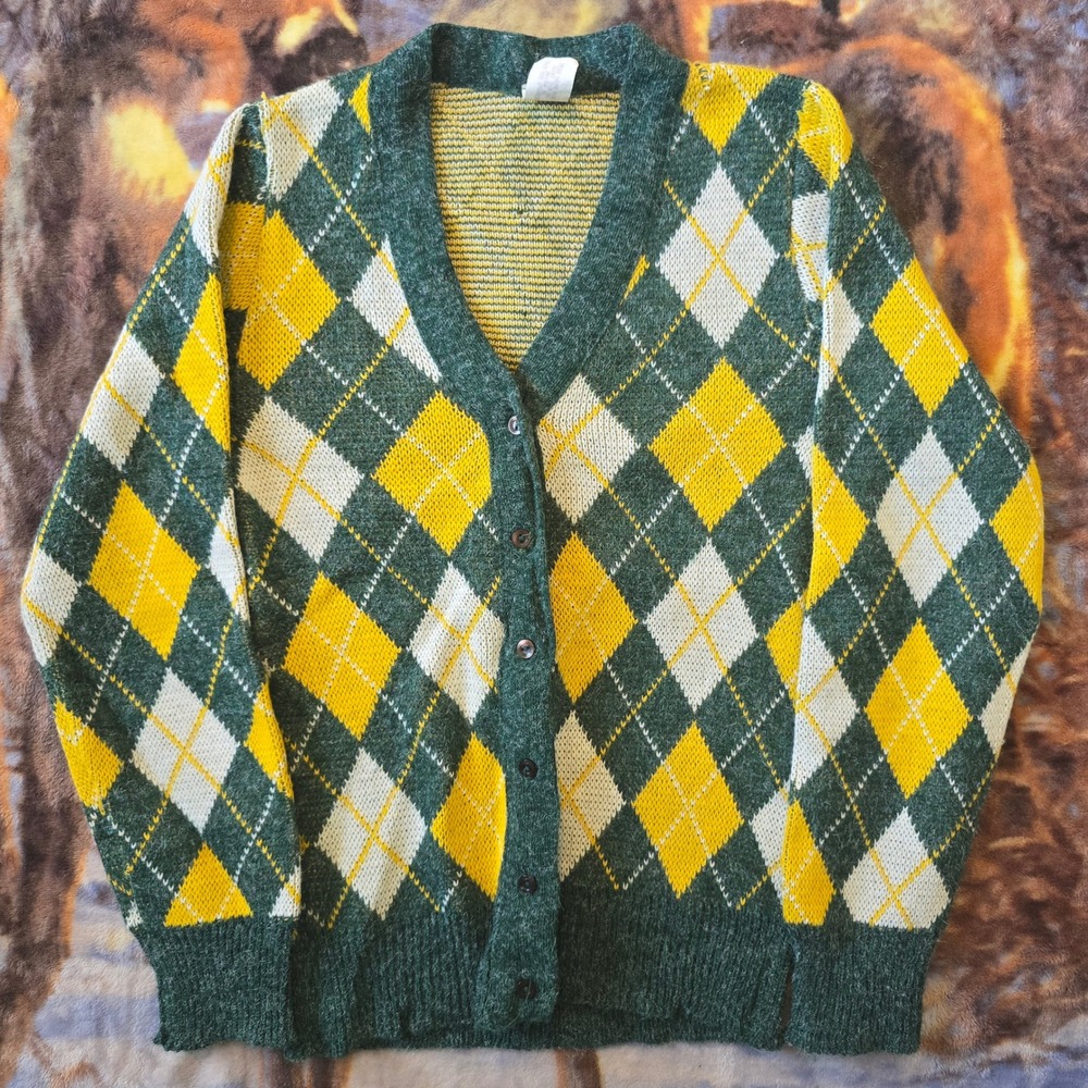Vintage 70s Geometric Ladies Union Garment USA Button Down Knit Sweater sz Small